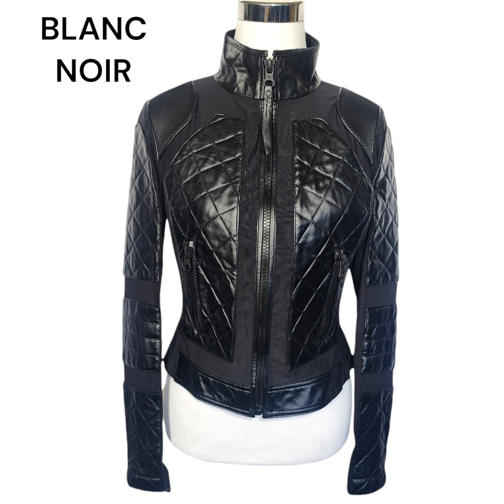 Blanc Noir Sz M Full Zip Genuine Leather / Mesh Cropped Moto Jacket.